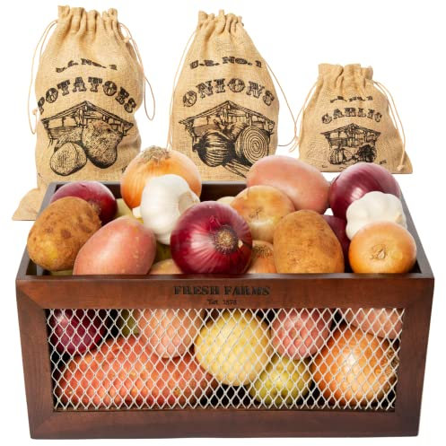 LoadedSpoon Aufbewahrungsbehälter für Kartoffel- und Zwiebeln, 3 Stück Jute-Gemüse-Aufbewahrungsbeutel, Zwiebel- und Kartoffelaufbewahrung für Speisekammer oder Arbeitsplatte (braun)