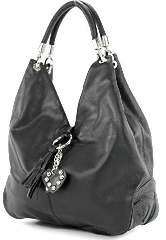 modamoda de 330 Damen Nappaleder Schultertasche Henkeltasche groß handmade in Italy, Farbe:Schwarz Nappaleder