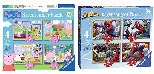 Ravensburger Peppa Pig 4 in Box (12, 16, 20, 24 Pieces) Jigsaw Puzzles Age 3 Years Up & Marvel Spiderman 4 in Box (12, 16, 20, 24 Piece) Jigsaw Puzzles Age 3 Years Up