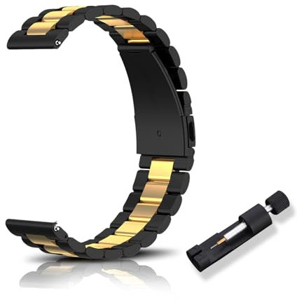 RoYiio Edelstahl-Ersatzarmband für Anstoßbreite 22mm Armband mit Schnellverschluss, Schön Poliert, Edelstahl-Metallband für Damen und Herren - Schwarz Gold