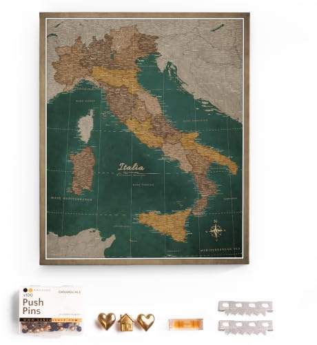 Italien-Leinwandkarte mit Pinnwand aus Kork zum Anheften von Reisezielen - Hochwertige Leinwandtafeln mit Italienkarte in verschiedenen Größen (60x50 cm, Entwurf 4)