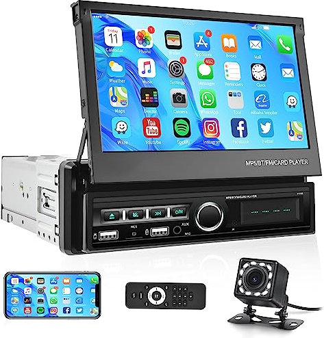 Autoradio 1 Din mit Bluetooth Freisprecheinrichtung IOS/Android Mirror Link 7 Zoll Ausfahrbarem Touchscreen Autoradio mit Bluetooth FM Radio/TF/USB/AUX/DVR/7 Farben Lenkradsteuerung + Rückfahrkamera