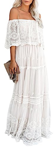 MAXVIGOR Vestido de novia de encaje con hombros descubiertos para mujer, estilo bohemio, dama de honor, fiesta, maternidad, sesión de fotos, maxi vestidos, A Blanco, M