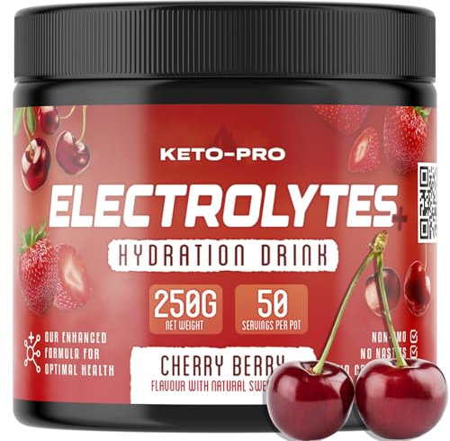 Keto-Pro Keto Electrolytes 250g | Electrolyte Powder Supporting Your Fasting, Health & Fitness Goals | 50 Servings | Cherry Berry Flavour
