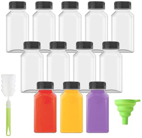 LUBOXIN 12 Pièces Petites Bouteilles de Jus en Plastique, Bouteilles Vides en Plastique de 150 ml, Mini Bouteilles à Shot avec Couvercle, Entonnoir et Brosse, Parfaites pour le Lait, les Jus et l'eau