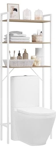 EUGAD Mobile Sopra Lavatrice a 3 Ripiani, Scaffale Coprilavatrice Salvaspazio, Organizer da Bagno Portaoggetti, Mobiletto Sopra WC in Legno e Metallo, Rovere Chiaro e Bianco, 63x24x163cm