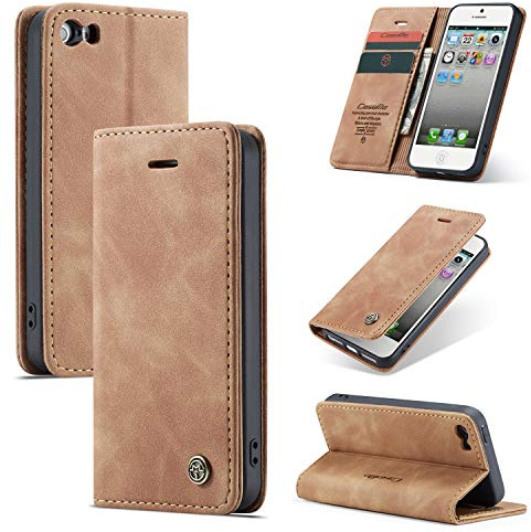 Case for iPhone 5/5S/SE 2016 RFID Blocking PU Leather with Magnetic Closure Stand Card Holder, Shockproof Protective Case for iPhone 5/5S/SE 2016, brown