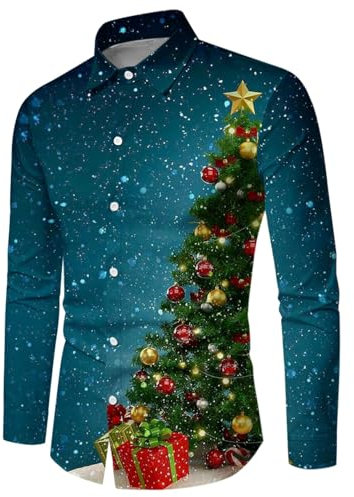 Fannyfuny Weihnachtshemd Herren Langarm, Weihnachten Muster 3D Bedruckte Hemd Freizeithemd Männer Langärm Slim Fit Christmas Shirt Hawaiihemd Stehkragen Lustige Funky Hemden Langarmhemd Langarmshirt