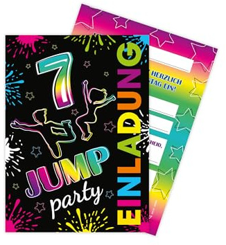 Limonia 12 Einladungskarten zum 7. Geburtstag Motto Jump-Party Trampolin neon Feier Fest Einladung Set Geburtstag Mädchen Kinder Jungs Jungen Boys Teenies