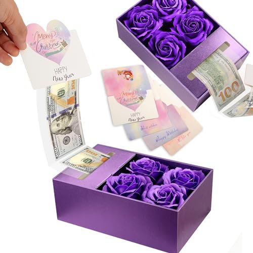 Spardose für Bargeld, Geschenkboxen für Bargeld am Geburtstag, Weihnachten, Abschluss, Muttertag, für Ehemann, Ehefrau, Freundin, Mutter mit Seifenrose, Blume und Grußkarten (lila)