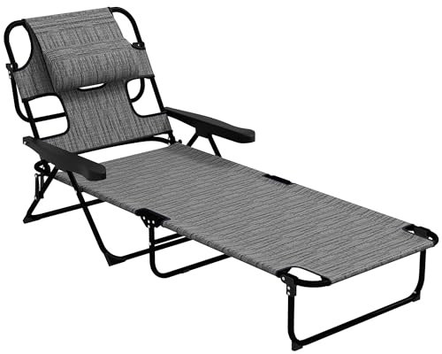 Outsunny Tumbona Plegable Tumbona de Jardín con Respaldo Ajustable en 4 Niveles Orificio de Lectura y Reposacabezas para Terraza Piscina 194x72x31 cm Gris