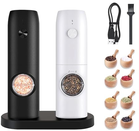 BGFOX Electric Salt and Pepper Grinder Set Rechargeable Automatic Salt and Pepper Mills Shakers with 5 Adjustable Coarseness, LED Light and Storage Base, 2 Packs, Black&White Easy to Distinguish