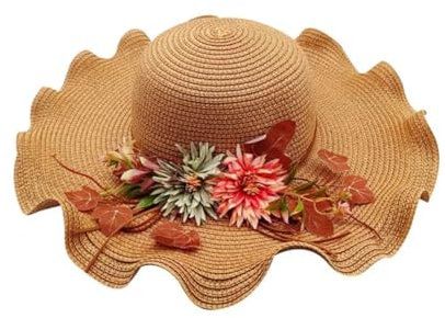 KGADRX Chapeau de Paille d'été pour Femmes, avec Fleurs, à Large Bord ondulé, Chapeau de Soleil de Plage Pliable pour l'extérieur