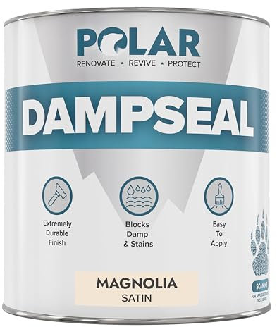 Polar Magnolia Damp Seal Paint - 1 Litre - Satin Finish - Stain Blocker and Damp Proof Anti Mould Paint for Internal Walls & Bathroom Ceilings - Quick Drying for Wood, Plaster, Cement and Stone