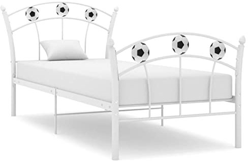 LAPOOH Einzelbett mit Fußball-Design, Bett, Bettgestell, Jugendbett, Schlafzimmer Bett, Bed Frame, Weiß Metall 90x200 cm