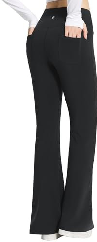 baleaf Yogahose Damen High Waist Schlaghose Bauchkontrolle Freizeithose Baumwolle Sporthose lang Yoga Pants mit Taschen Schwarz L