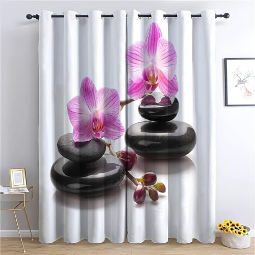 Verdunklungsvorhänge Gardinen mit Ösen Blickdichte Vorhänge Lärmschutzvorhang für Kinderzimmer Thermo Gardinen mit Schwarze Steine Und Orchideen Muster, 260 x 140 cm (HxB), 2er Set Schiebevorhänge