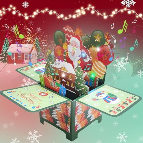 3D Weihnachtskarte Pop Up Weihnachtsbaum mit Lichtern und Musik,Grußkartenhalter Christmas Tree Pop Up Weihnachtskarte,LED Licht Weihnachten Karte für Kinder,Freundin und Familie (Grün)
