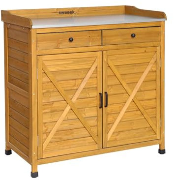 Pflanztisch aus Tannenholz mit 2 Türen und 2 Schubladen, naturfarben B 102 x T 52,5 x H 103,5cm - Azalee