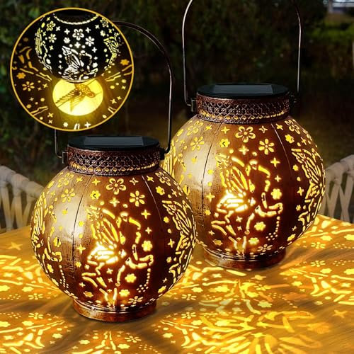Solarlaterne für Außen, 2 Stück LED Metall Solar Laternen für Draußen Hängend/Stehend, IP65 Wetterfest, Outdoor Solarlampen für Außen Gartendeko für Garten, Tisch, Balkon, Terrasse, Weg