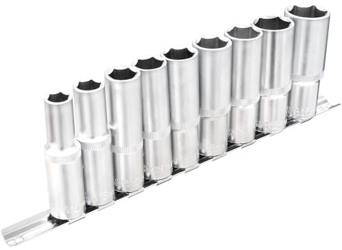 DAKCOS Jeu de douilles longue 1/2, 6 pans 10-24 mm en CR-V avec surface chromée mate, Jeu de douilles hexagonales profondes, 76mm
