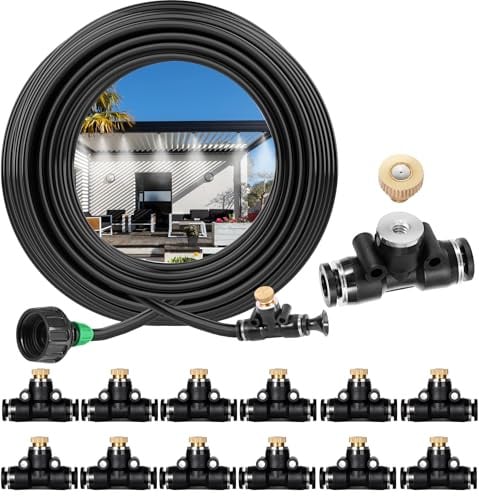 Nebelnebel für Außenterrasse, Nebelkühlsystem, auslaufsicher, 12 m, Nebelleitung mit 12 Messingdüsen und Adapter (1,9 cm), DIY-Wassernebel für Garten, Gewächshaus, Ventilator, Grill, Party, Pool