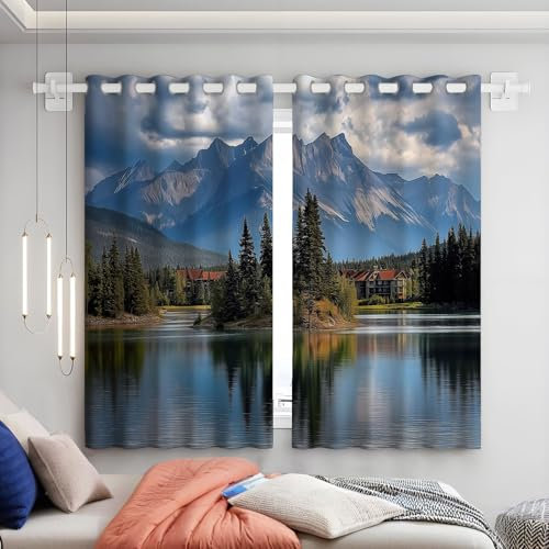Blickdichte Vorhänge Kinderzimmer See Berg Wald Hütte Gardinen Mit Ösen Volant-Vorhänge Für Mädchenzimmer, Kinderzimmer, Babyzimmer H225Xb150