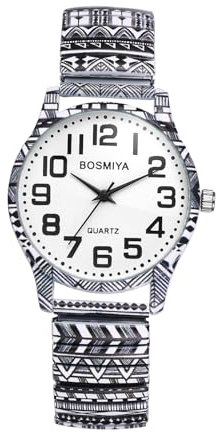 JewelryWe Damenuhr Boho Elastische Uhr: Bohemien Ethno Stil Schwarz-Weiß Muster Analog Quarz Armbanduhr Damen Edelstahl Stretcharmband Lässige Uhr mit Zugarmband & große Zahlen für Senioren