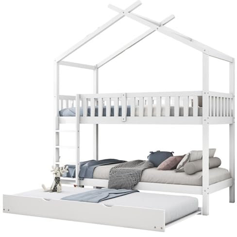 Multifunktionsbett aus naturbelassenem Holz, ausgestattet mit herausziehbarer Liegefläche, inklusive rundumlaufendem Seitenschutz, konvertierbar in Einzelaufstellungen, verspielte Dachoptik