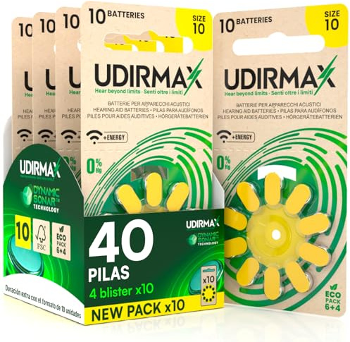40 Batterien für Hörgeräte PR70 Größe 10 (Gelb) Udirmax Zink-Luft 0% Quecksilber 1,45V Batterien mit Dynamischer Sonartechnologie Eco Pack - 4 Eco Blister mit 10 Batterien