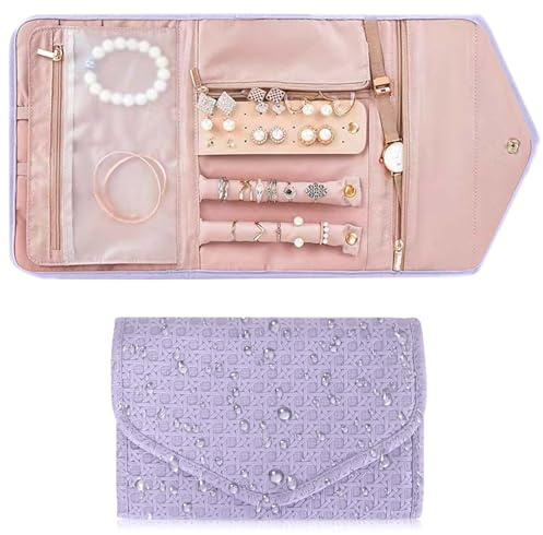 Sac à Bijoux en Rouleau Pochette Bijoux Voyage Imperméable,Organisateur de Bijoux Sac Rangement de Bijoux Pliable,Rouleaux de Bijoux Portable pour Boucles d'oreilles Collier Bracelet Bagues (Violet)
