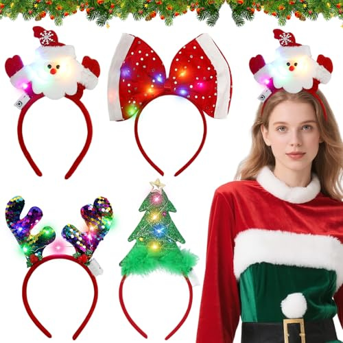 Mecctuck 4 Stück Weihnachts Kopfschmuck, Haarreif mit LEDs, Weihnachten Stirnbänder, Weihnachtsmütze Kopfbedeckung Rentier Geweih Leuchtende Haarreif Rot Grün für Kinder Erwachsene
