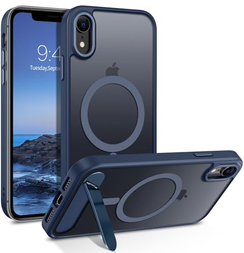 YINLAI for iPhone XR Case Magnetic with Foldable Kickstand Compatible with Magsafe Translucent iPhone XR Phone Case Slim Protective Stand Cover for iPhone XR 6.1, Blue