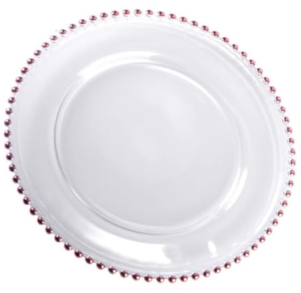 Warmhm Clear Glass Dinner Plate with Rose Gold Beaded Edge Chic Western Steak and Dessert Tray Smooth Surface Food Plate for Parties Weddings and Family Gatherings