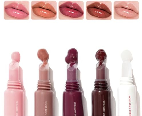 5Pcs Peptide Lip Tint Set - Hydrating Plumping Lip Gloss, High Shine Glitter Glossy Liquid Lipstick with Nude Shades, Cruelty-Free Jelly Lip Color for Women & Girls, Daily & Party Makeup