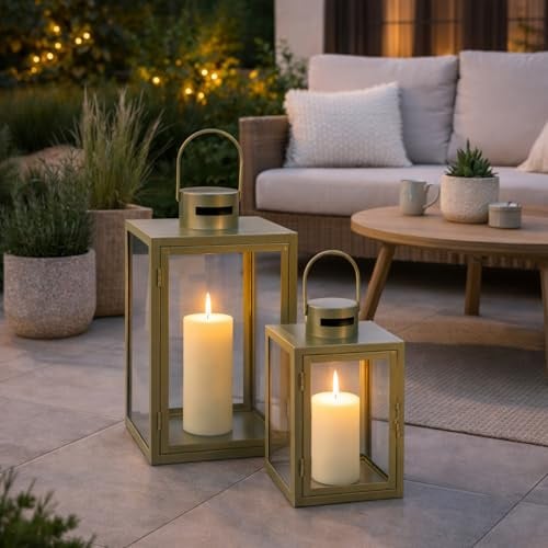 2er XXL Set Gartenlaterne Windlicht Laterne Laternen Metalllaterne Set Dekoration Außen Metall Olivgrün ca. H30/41cm