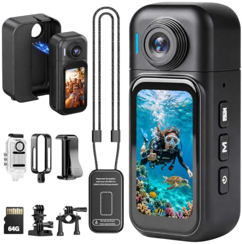 TOSBARRFT Body Camera with 180° Rotatable Lens and Water-Proof Case for Diving, WiFi Thumb-Sized Action Camera for Cycling, Traveling (64G-1080P, Black)