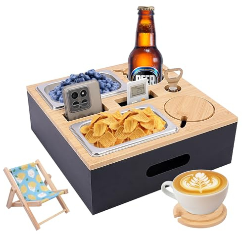Couchbar Snackbox,Sofa Tablett,Mit Abnehmbarer Deckel,Couch Tablett,Beistelltisch Mit Holz Sofatablett Für Sofa, Kino Deko, Couch Organizer Bar Mit Getränkehalter - Snackbox Mit Fächern