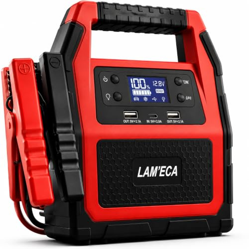 LAM'ECA Booster de Batterie 12V/24V Lithium Polymère, Spécial Poids Lourds, Voitures, SUV, Camping-Cars, Camions, avec Pinces, Écran LCD, Ports USB, 600A, Garantie 2ans