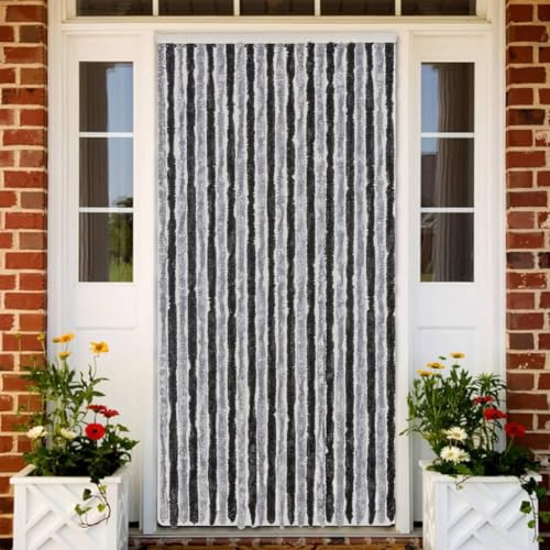 Runheo Zanzariera per porta e balcone, 100 x 230 cm, in ciniglia, silenziosa e facile da pulire, flessibile, per roulotte e camper, colore: grigio e nero