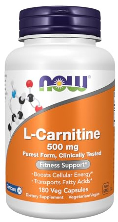 NOW Supplements, L-Carnitine 500mg, Purest Form, Amino Acid, 180 Veg Caps