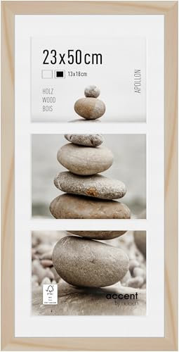 accent by nielsen Bilderrahmen mit Passepartout, 23 x 50 cm, Holz, Natur, Collage mit 3 Bildern zum Aufhängen im Hoch- & Querformat, Echtglas, Apollon