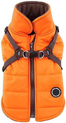 Puppia Mountaineer Winter Dog Coat with integrated harness No Pull Cold Weather Waterproof Warm Fleece Back Zipper for Small & Medium Dog, ORANGE, XX-Large