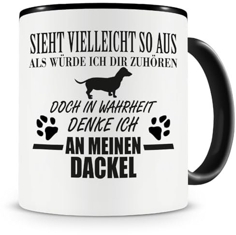 Samunshi® Ich denke an meinen Dackel Hunde Tasse Kaffeetasse Teetasse Kaffeepott Kaffeebecher Becher H:95mm/D:82mm schwarz