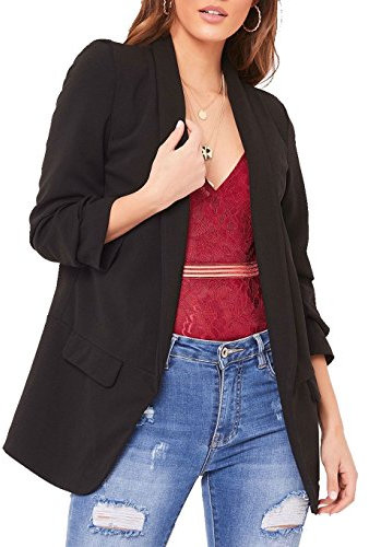 GirlzWalk Women's Ladies 3/4 Sleeve Coat Ruffle Frill Open Front Blazer Jacket Duster (Black, XXL 20-22)