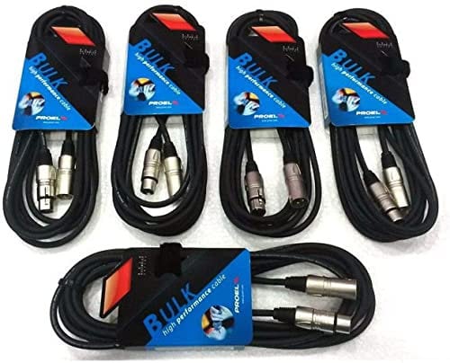 Proel BULK250LU15 - Set da 5 Cavi audio bilanciati professionali con connessioni Cannon XLR 3P Maschio a Cannon XLR 3F Femmina da 15mt, Nero (BULK250LU15-15mt - 5 Unità)