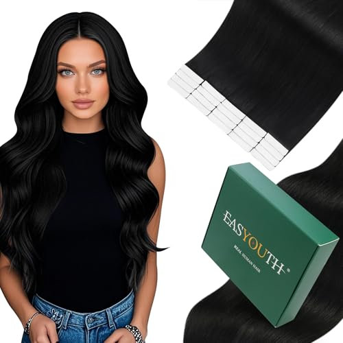 Easyouth Black Tape in Hair Extensions - 18 Inch Human Hair, 40g 20Pcs - Glue in Real Hair Extensions