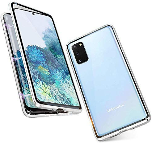 Gypsophilaa Hülle für Samsung Galaxy S20 360 Grad Magnetisch, Dünn Metallrahmen Magnetische Adsorption Handyhülle Schutzfolie Vorne und Hinten Komplett Schutzhülle,Silber