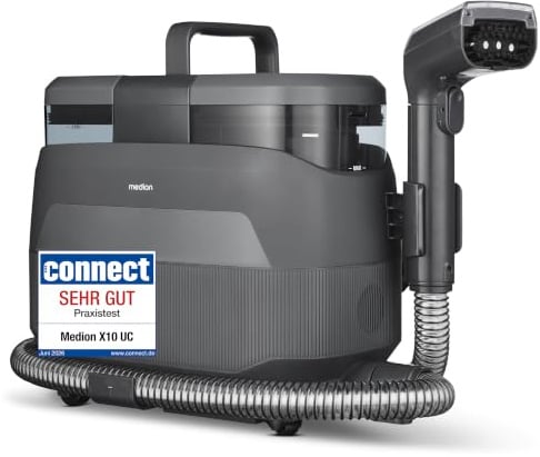 MEDION X10 UC Polsterreiniger Gerät Waschsauger (Nasssauger für Polster Teppiche Autositze, 1.650 Watt, Kaltwasser Heißwasser Dampf, Frisch und Schmutzwassertank, Fenster-Aufsatz, MD100123)