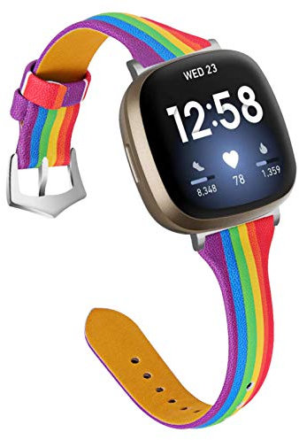 Gimart UK Lederarmband kompatibel für Fitbit Versa 3/Fit bit Sense, Damen Herren Slim Echtes Leder Sport Band Ersatz Uhrenarmband Armband für Versa 3 Fitness Smart Watch Klein Groß (Regenbogen)